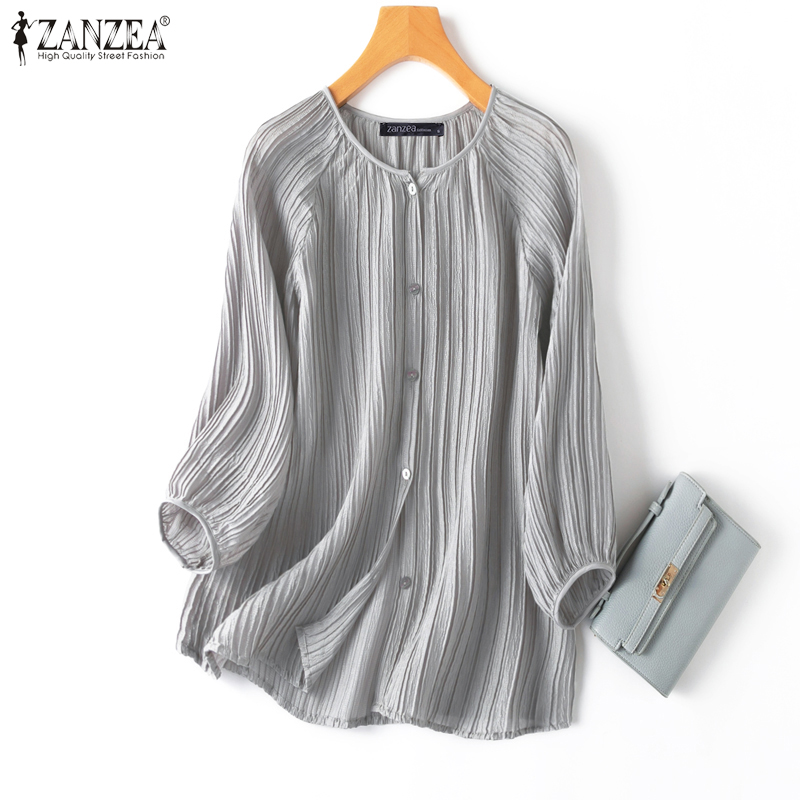 ZANZEA Women Pleating Blouse Oversize 3/4 Sleeve OL Shirt Casual Button Baggy Tunic 2024 Autumn Holiday Solid Color Tops