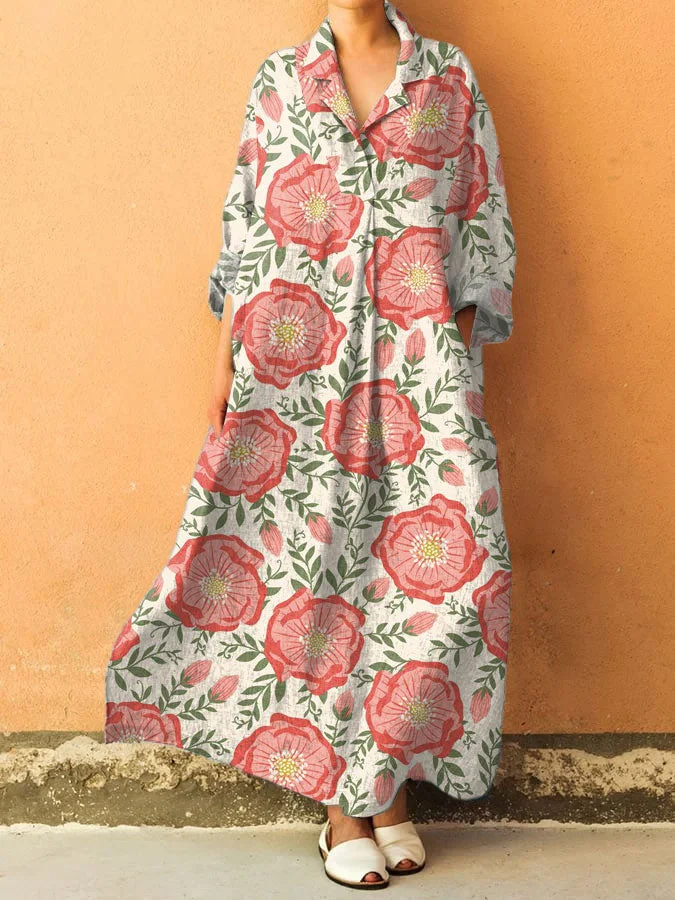Women's Vintage Floral Art Print V-Neck Pocket Cotton Dress