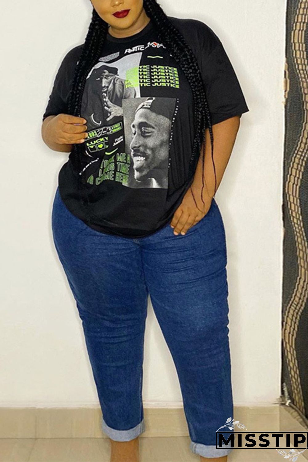 Letter Fashion Casual Printed Black Plus Size T-shirt