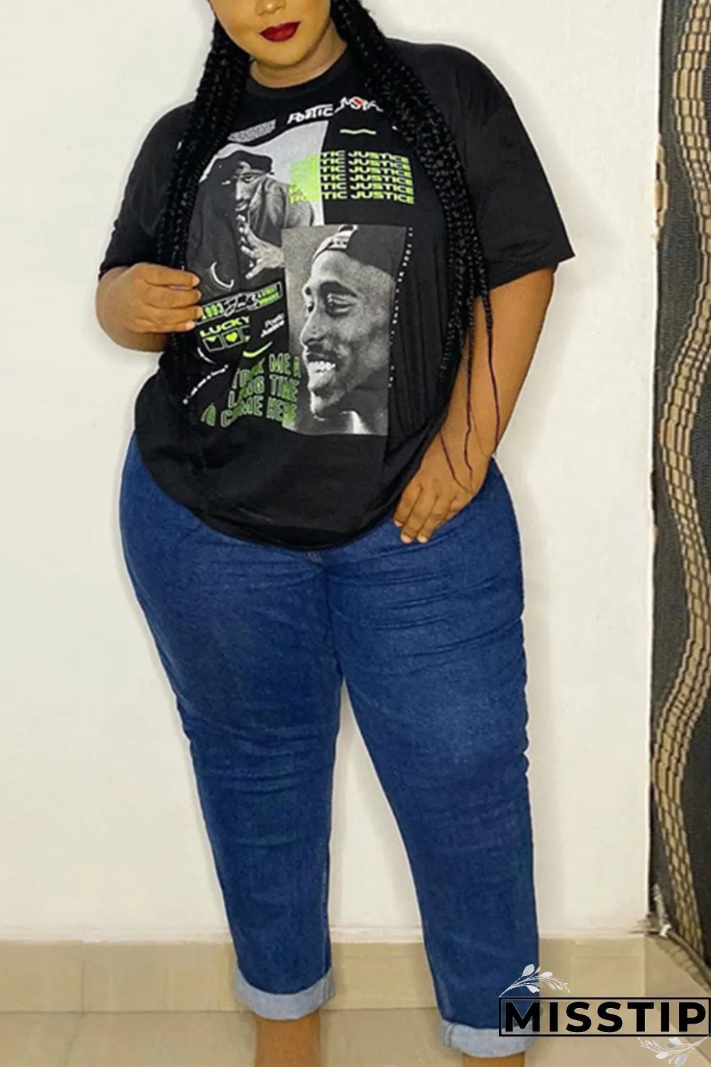 Letter Fashion Casual Printed Black Plus Size T-shirt