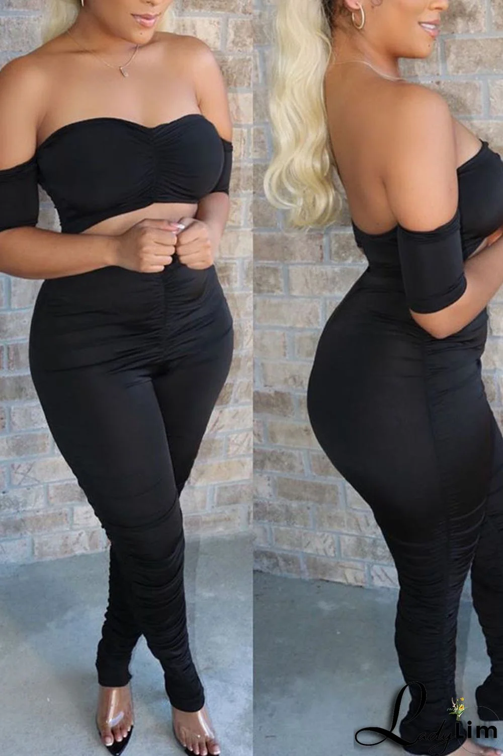 Watermelon Red Sexy Solid Split Joint Fold Off the Shoulder Short Sleeve Two Pieces