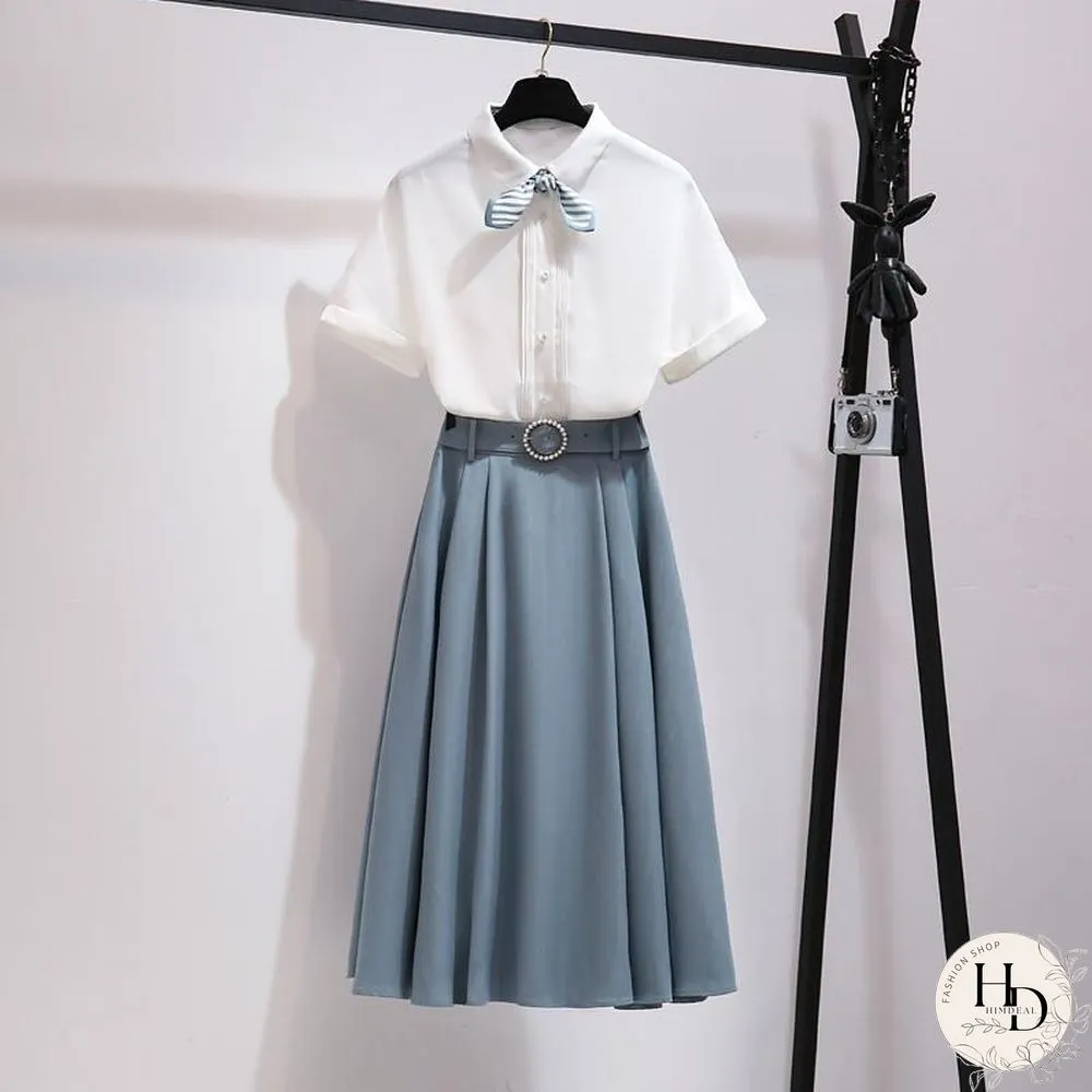 Sweet Chiffon Blouse+Belt Skirt P15751
