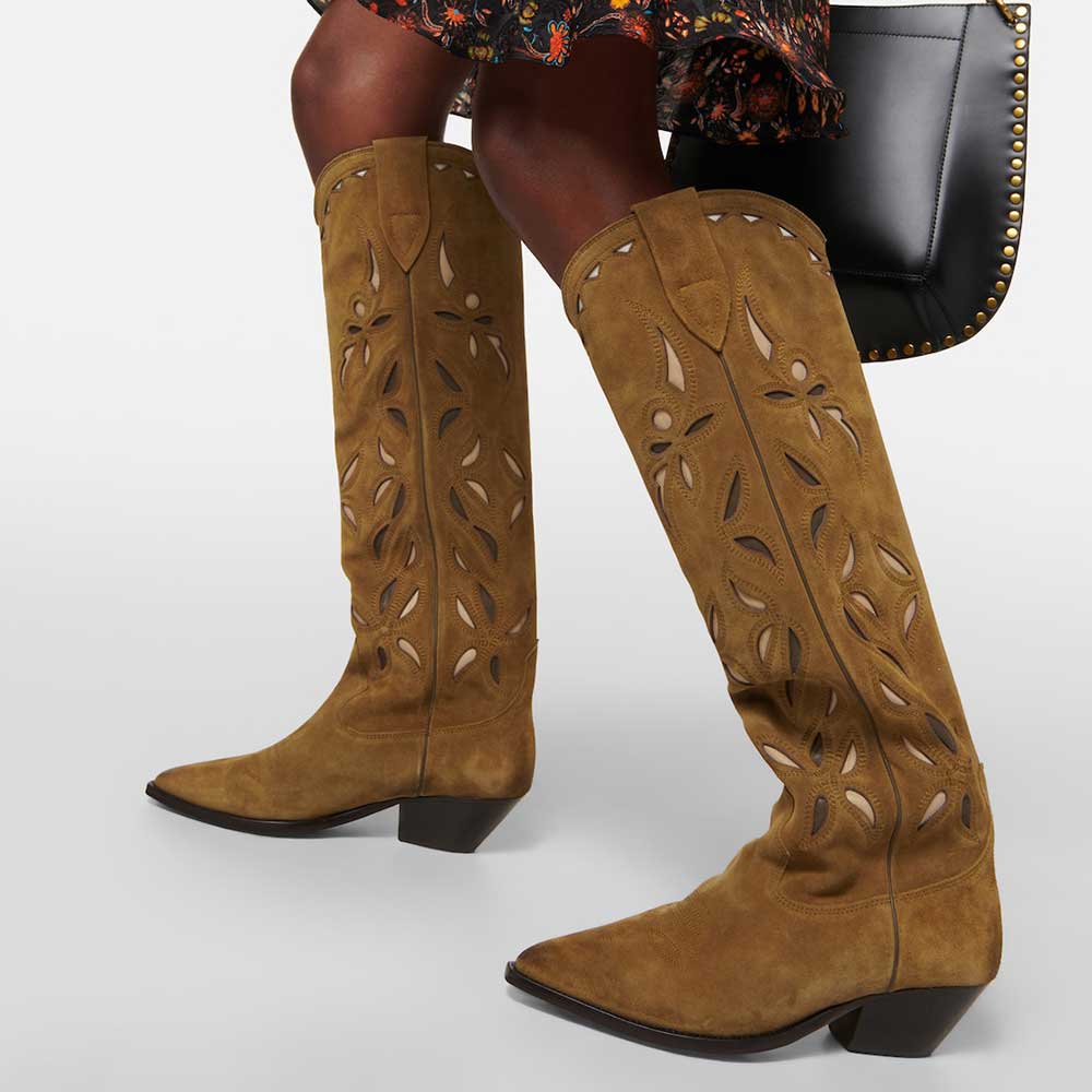 Brown Vegan Suede Pointed Toe Cutout Shoes Chunky Heel Knee High Boots