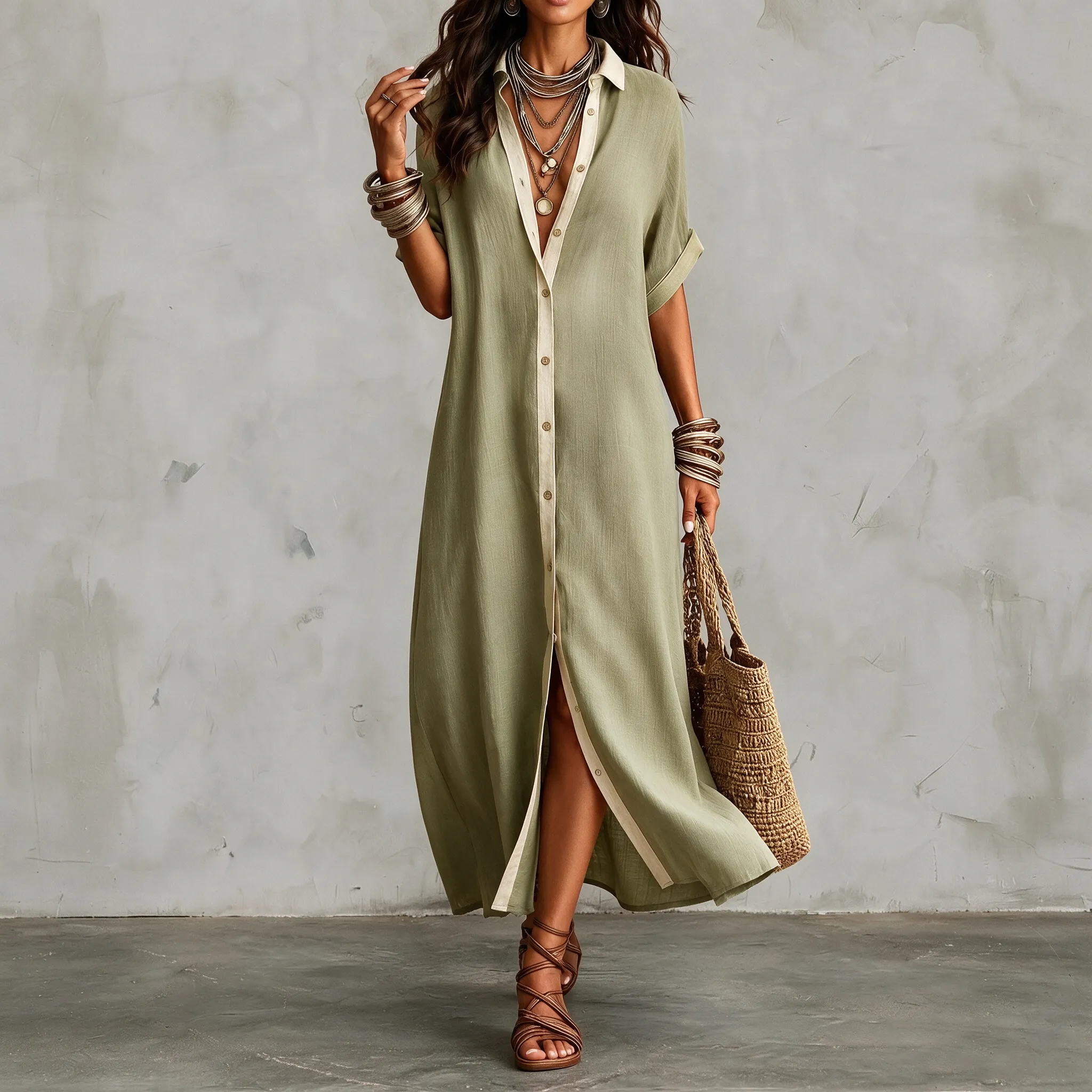 Comstylish Vacation Color-blocked Loose Long Shirt Dress Maxi Dress