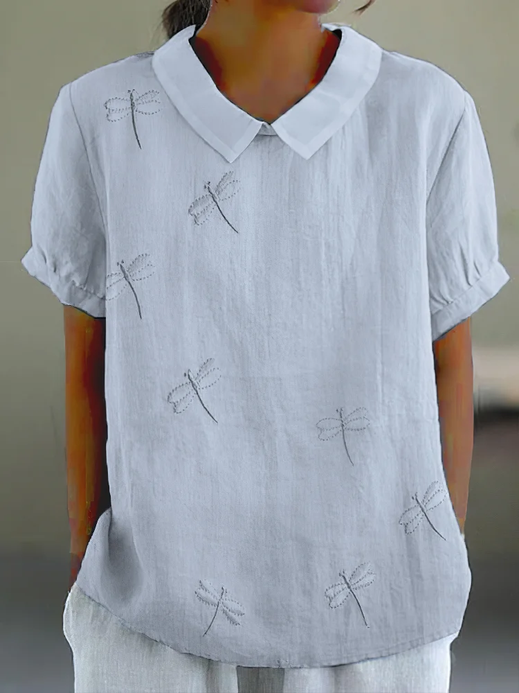 Women's Vintage Dragonfly Embroidery Art Casual Lapel Shirt
