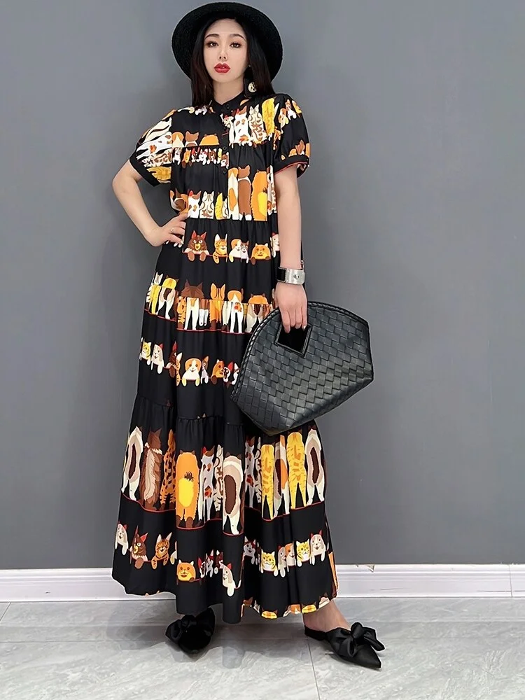 Cute Loose Half Stand Collar Cats Printed Short Sleeve Dress