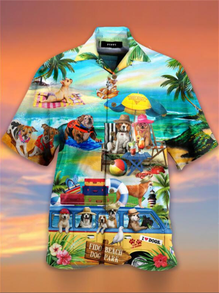 Men's Shirt Summer Hawaiian Shirt Graphic Prints Hippie Bus Turndown Light Yellow Blue-Green Black Light Green Purple Casual Hawaiian Short Sleeve Button-Down Print Clothing Apparel Tropical Fashion