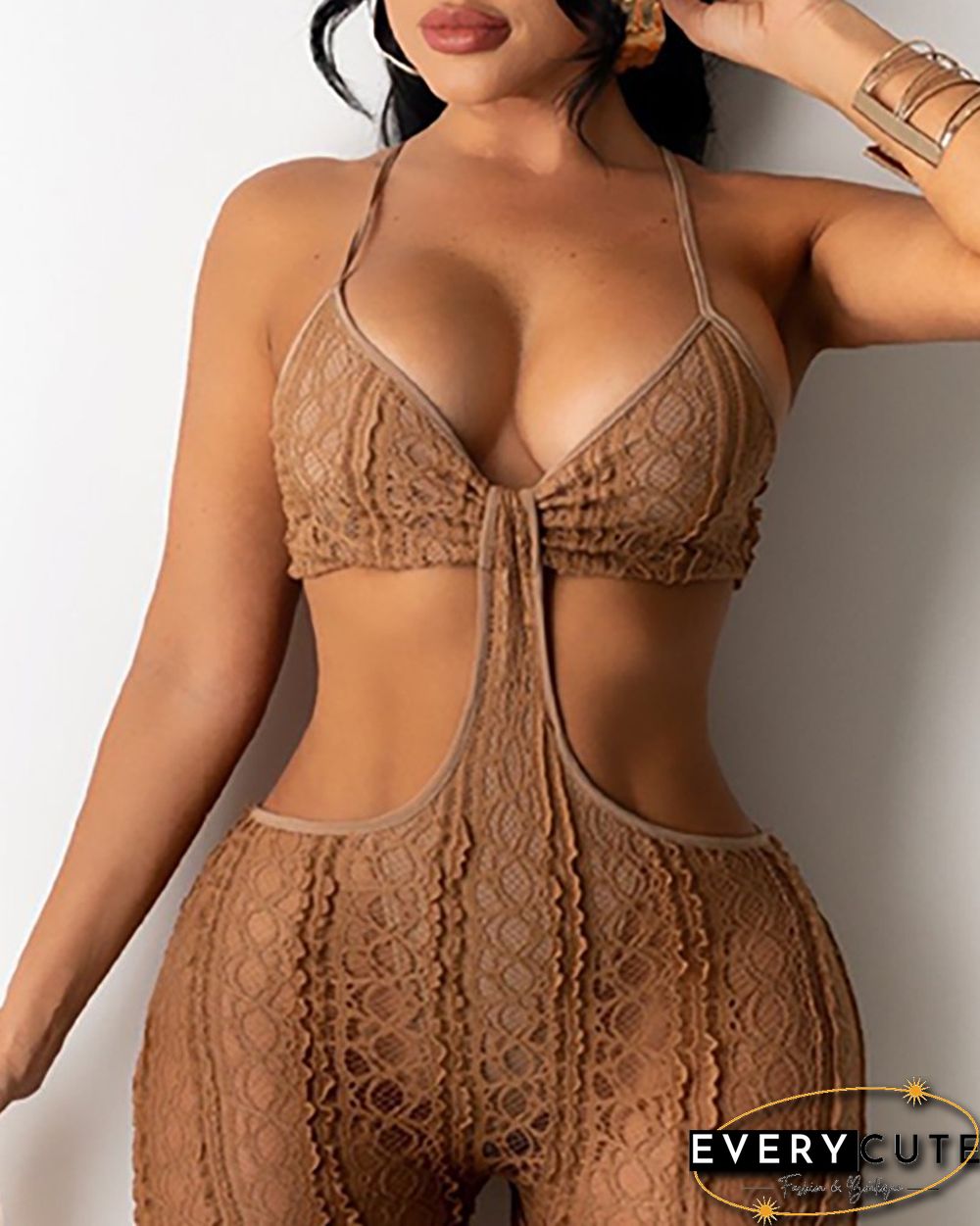 Cutout Waist Halter Backless Lace Jumpsuit