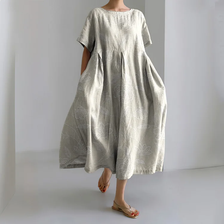 Classy Floral Lace Embroidered Linen Blend Maxi Dress