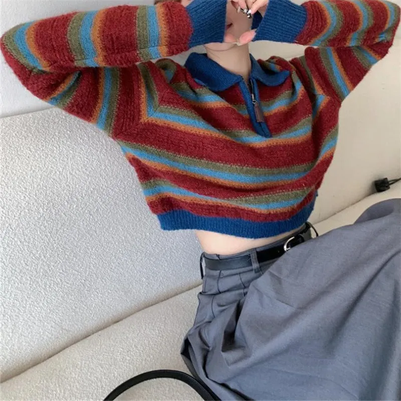 Churchf Churchf New Version Of 2023 Korean Version Collision Color Stripe Polo Collar Sweater Fashion Loose Lazy Wind Pullover Sweater Woman