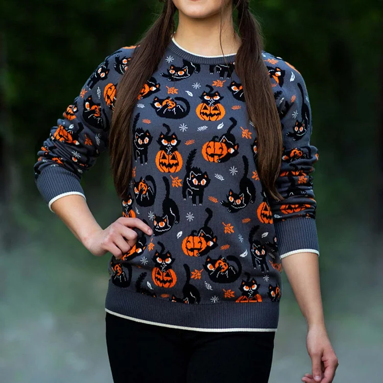 Halloween Cat Pumpkin Jacquard Sweater