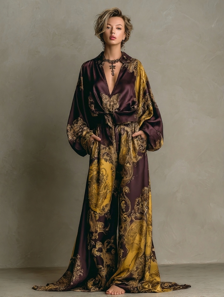 Women's Royal Floral Print Silk Set