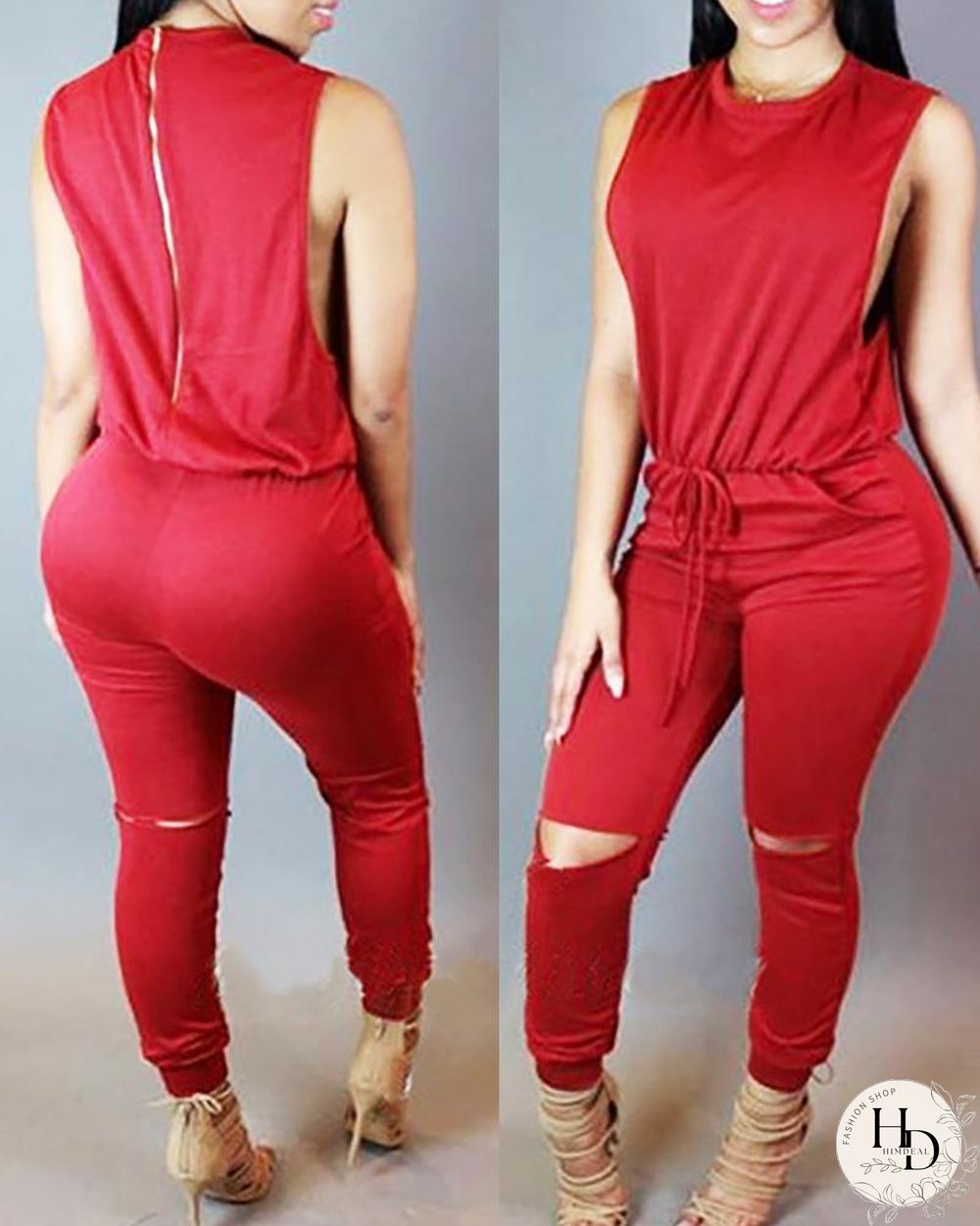 Sleeveless Solid Top & Drawstring Cut Out Pants Set P14849