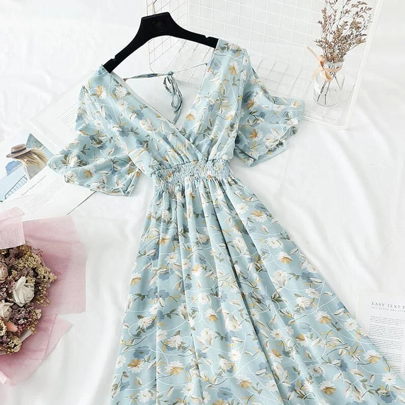 Summer Dress Vintage Floral Ruffles Women Print Short sleeve Chiffon Boho Dresses Mid-calf A-line Backless Sexy Dress Vestidos