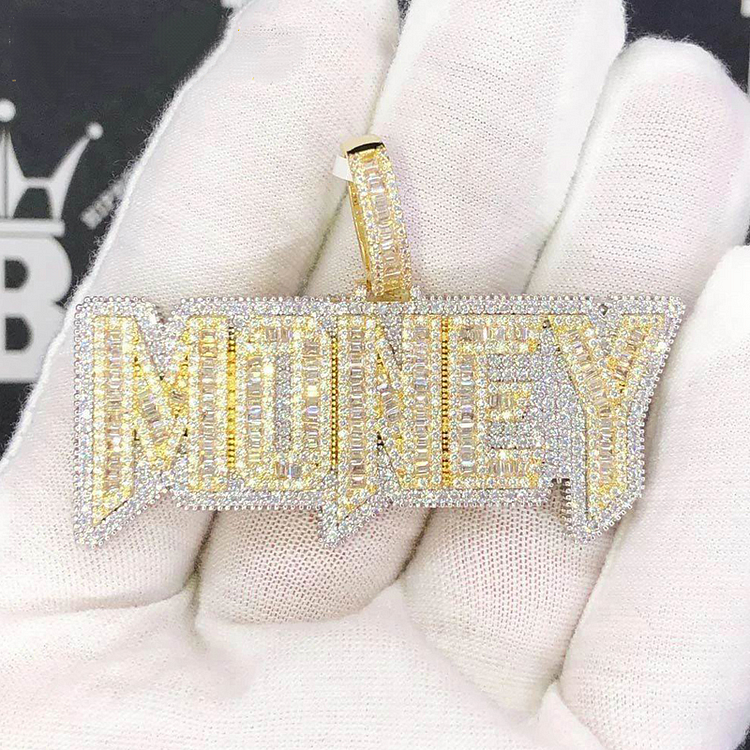 Iced Out Bling Letters Money Pendant Necklace Gold Silver Color 5A Zircon Money Charm Necklaces Men's Hip Hop Jewelry