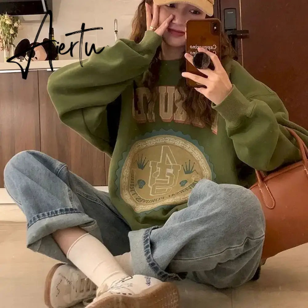 American Vintage Pullover Women Autumn Winter New Korean Plus Velvet Thick Print Long-sleeved T Shirt Crewneck Sweatshirt Aiertu