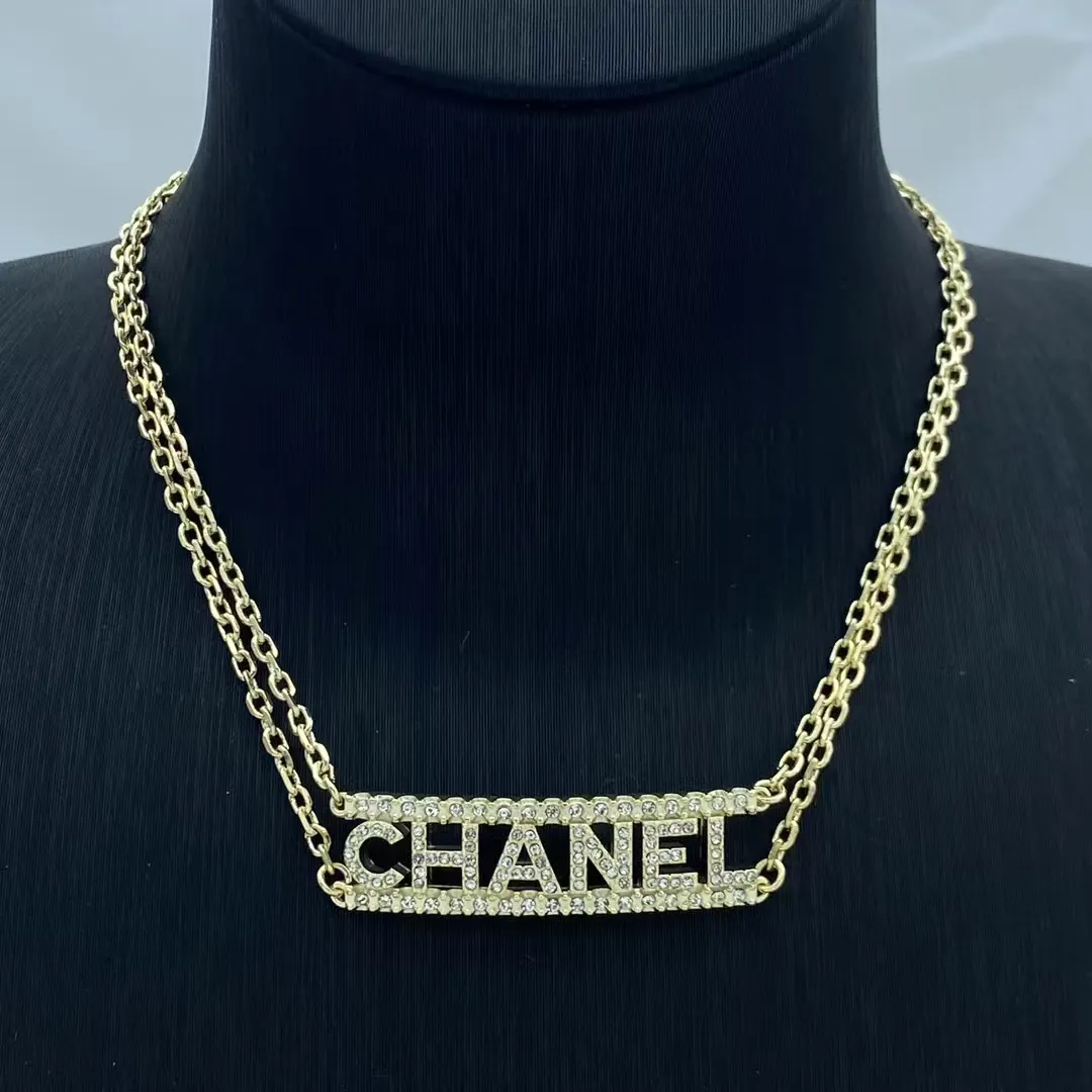 Chanel Letters Pendant Two Row Chains Necklace