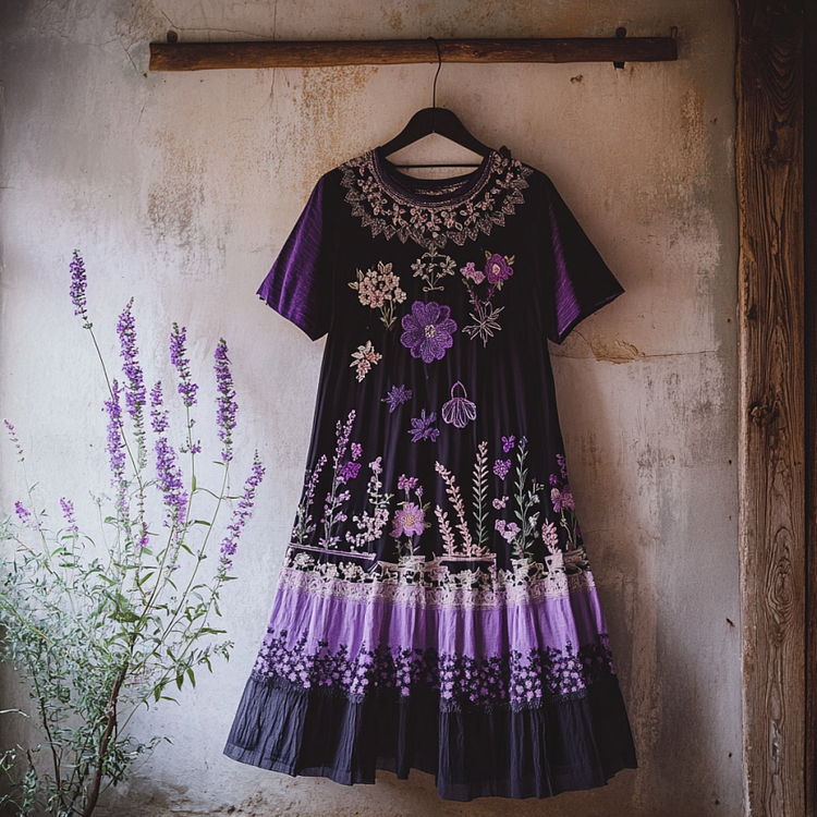 Bohemian Lavender Gradient Embroidery Patchwork Art Linen Round Neck Midi Dress