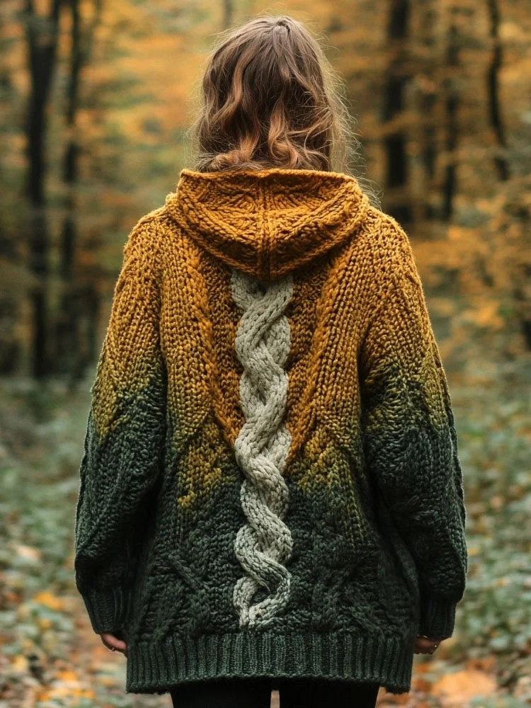 Vintage Irish Celtic Jacquard Gradient Chunky Hooded Cardigan