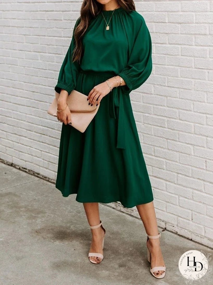 Round Neck Belted Long Sleeve Dress