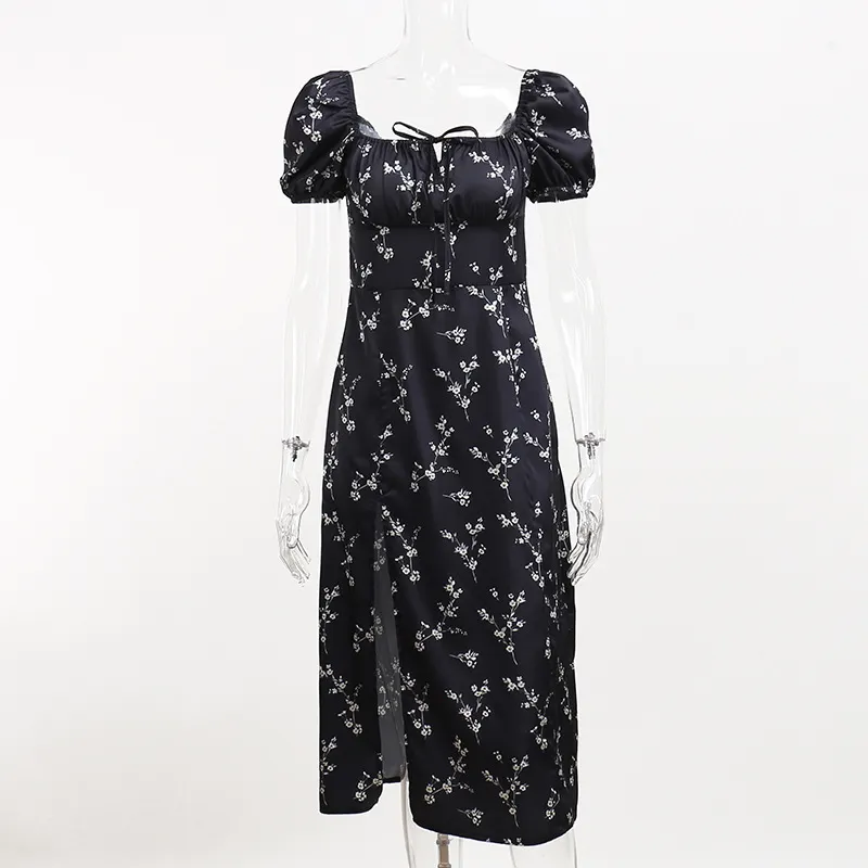 Puff Sleeve Wrap Slit Maxi Floral Dress