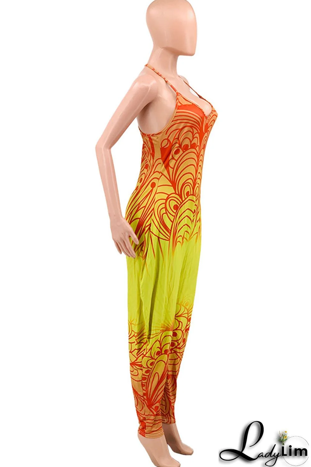 Green Casual Gradual Change Print Patchwork Spaghetti Strap Harlan Jumpsuits