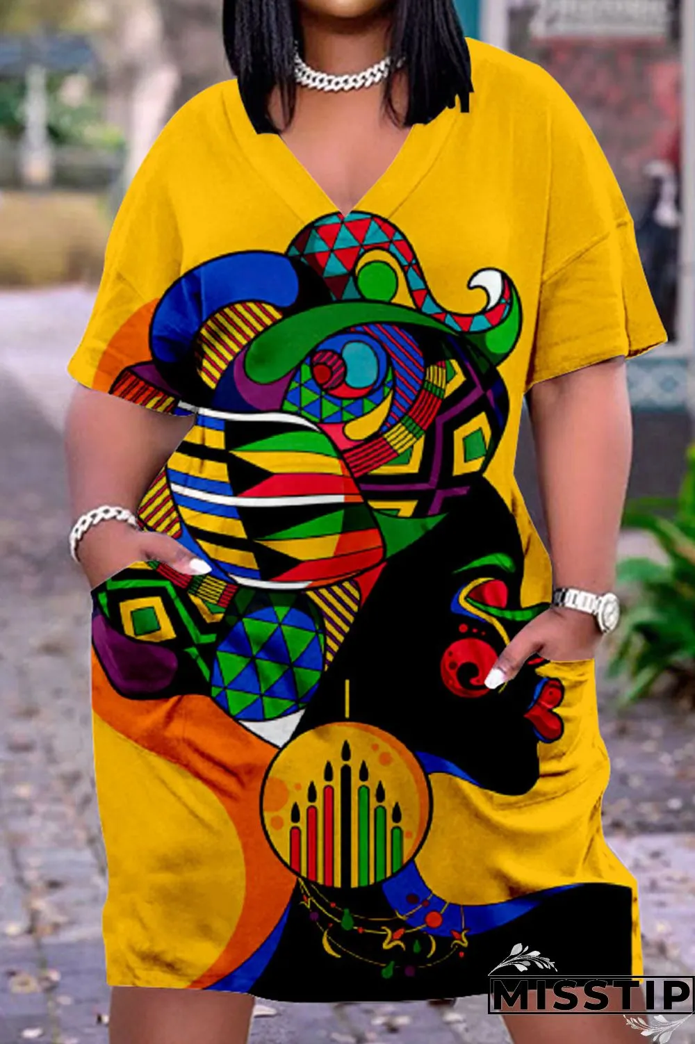 Yellow Brown Casual Street Print Patchwork V Neck Straight Dresses