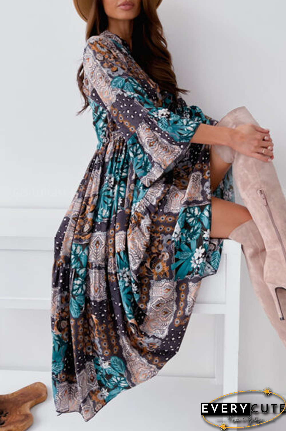 Elegant Print Buckle Flounce Mandarin Collar Dresses