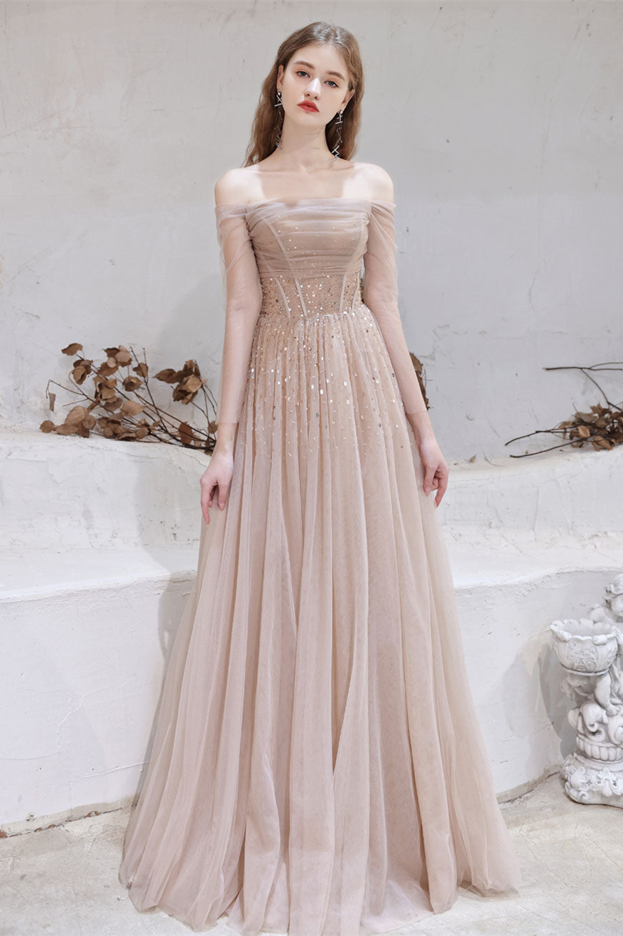 Gorgeous Sheer Long Sleeves Prom Dress Tulle Lace-up Off-the-Shoulde - lulusllly