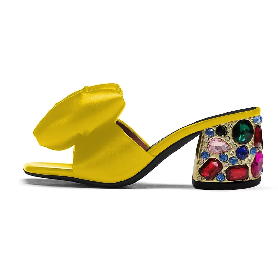 Yellow Square Toe Bow Wide Band Rhinestone Mule Shoes for Women