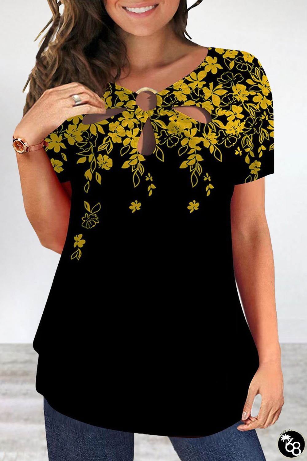 Yellow Street Floral Patchwork Metal Accessories Decoration O Neck T-Shirts | 168DEAL