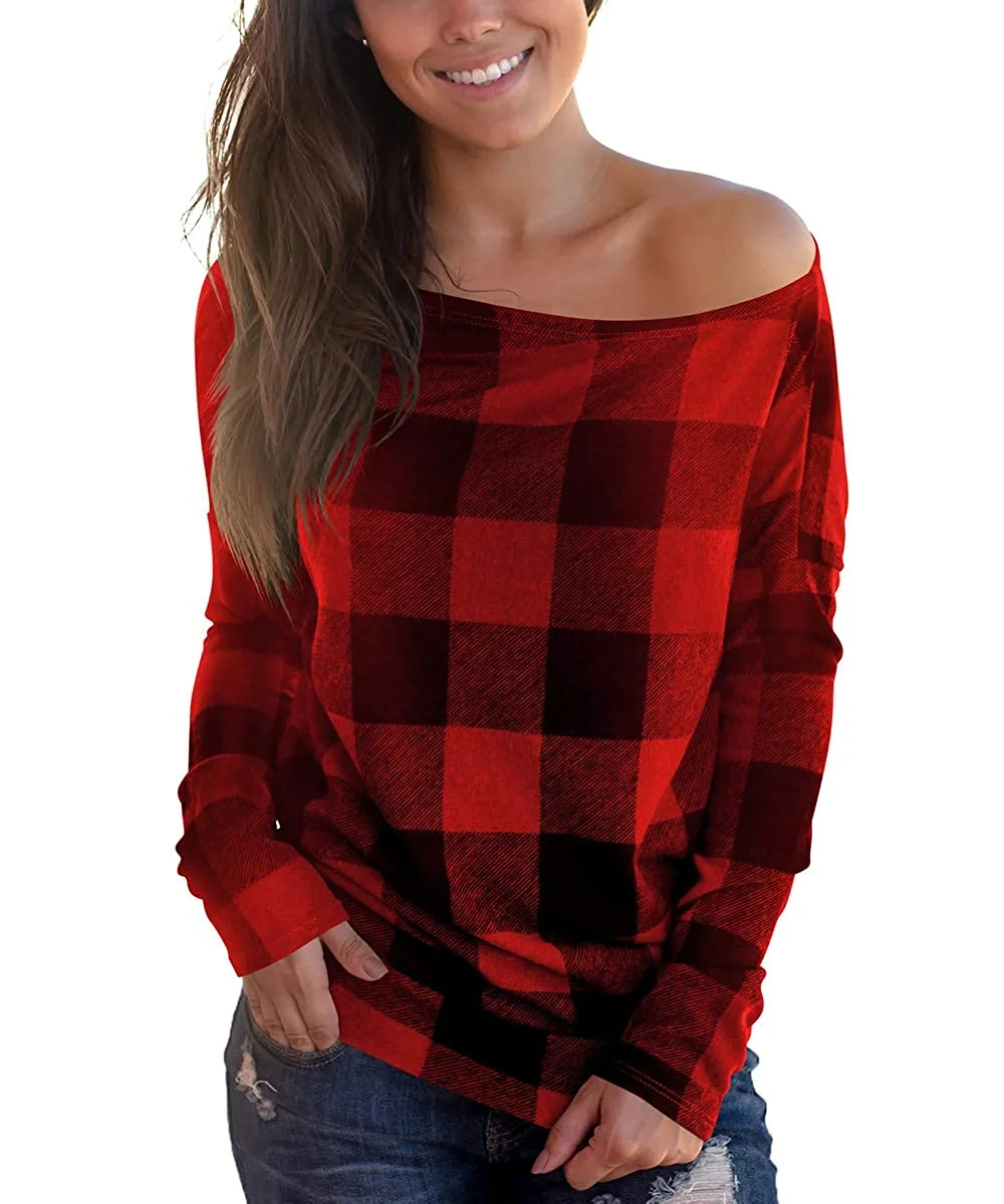 Women's Off Shoulder Top Long Sleeve Plaid Tee Shirt Blouse