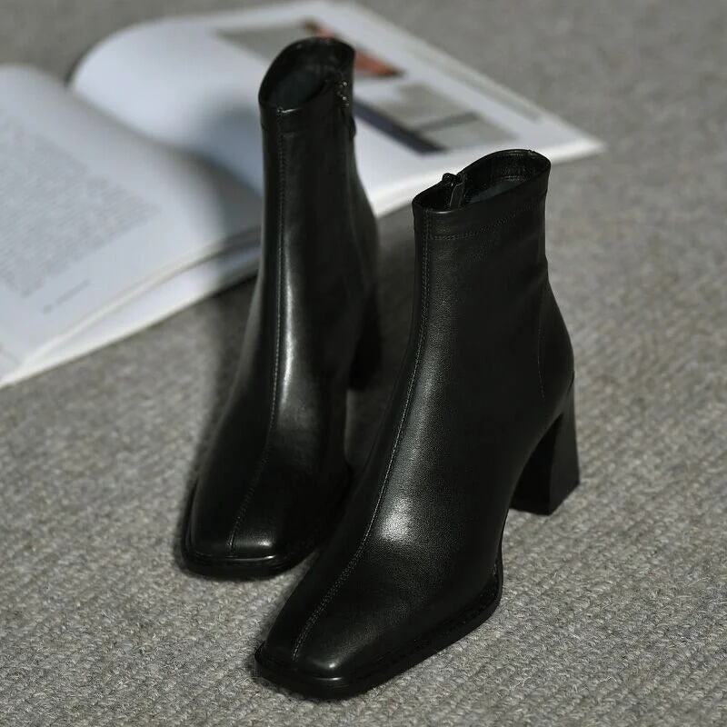 Vstacam 2023 Fashion Square Heel Square Heel Ankle Boots Women Side Zip Party Dress Office Lady Daily Shoes Black Khaki