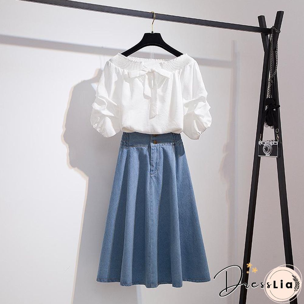 Cute Off Shoulder Blouse+Denim Skirt P11160