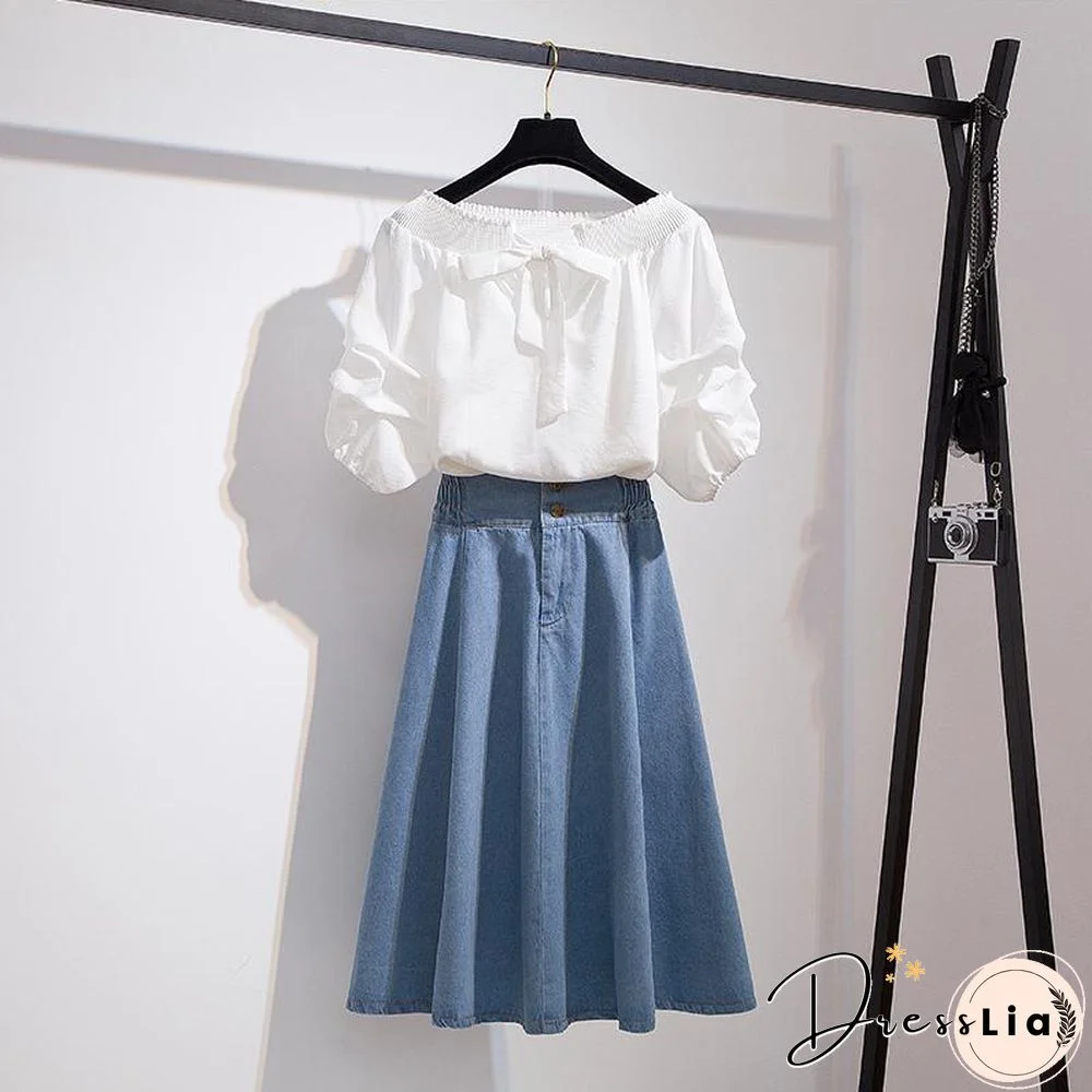 Cute Off Shoulder Blouse+Denim Skirt P11160