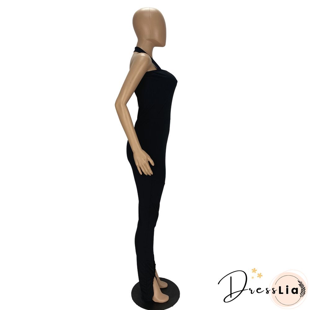 Women Solid Color Sportswear Sleeveless Halter Bodycon Jumpsuits