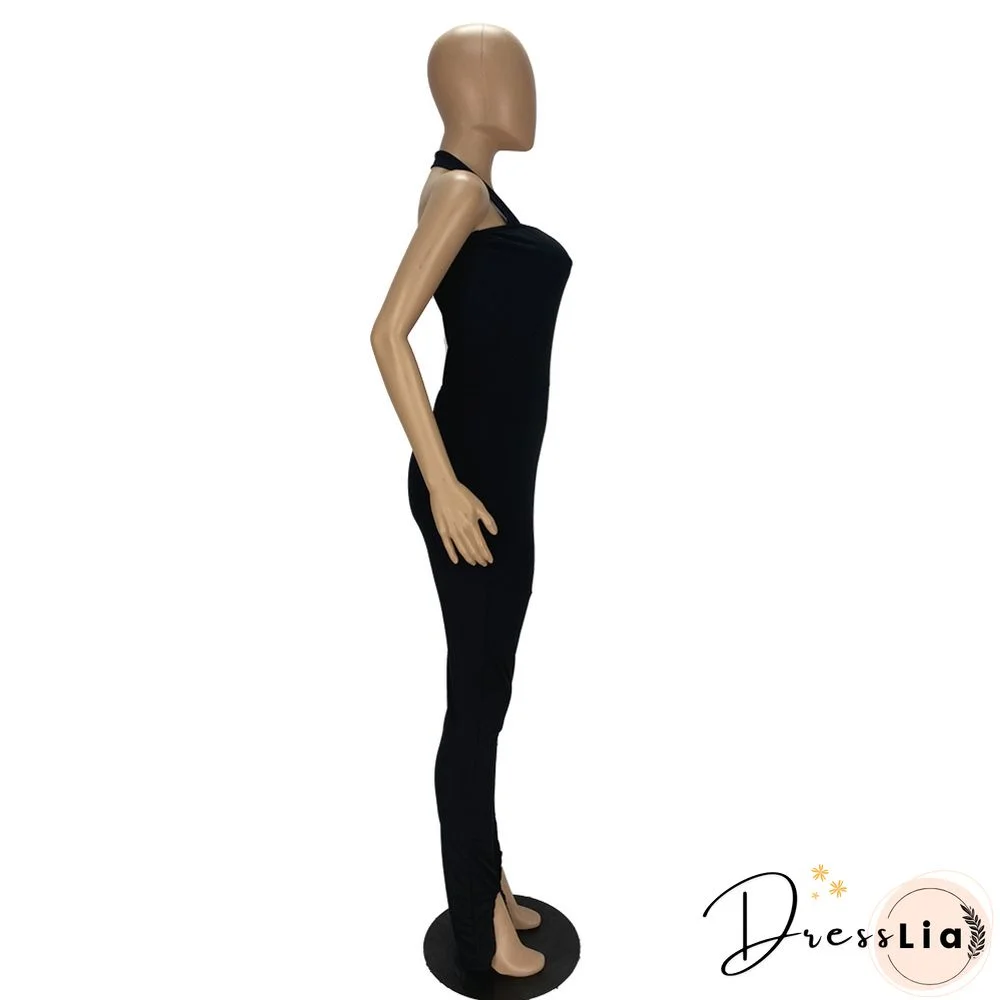Women Solid Color Sportswear Sleeveless Halter Bodycon Jumpsuits