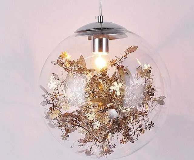 Modern Pendant Light Glass Ball Lamp With Metal Leaf Flower Glass Kitchen Bedside Hanging Lamp Kitchen Suspension Light