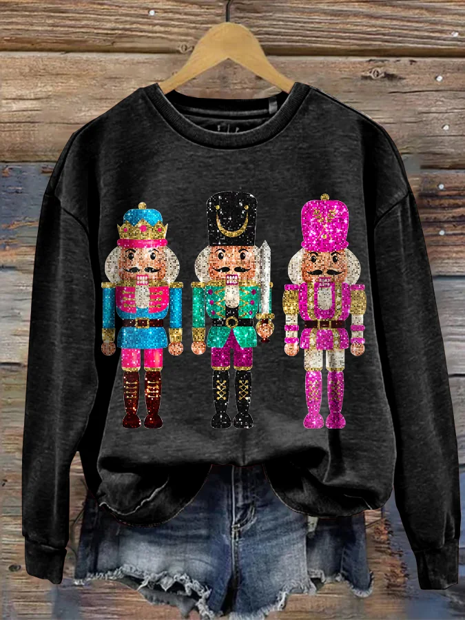 VChics Vintage Funny Sequin Cheerful Sparkly Nutcrackers Glitter Xmas Art Print Casual Round Neck Sweatshirt