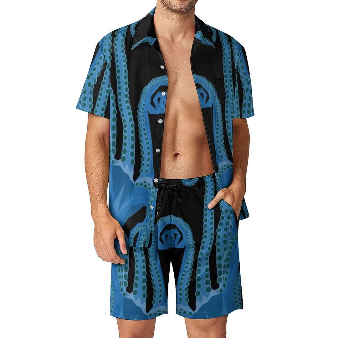 Release The Kraken Men Hawaiian 2 Piece Outfit Vintage Button Down Beach Shirt Shorts Set Tracksuit with Pockets