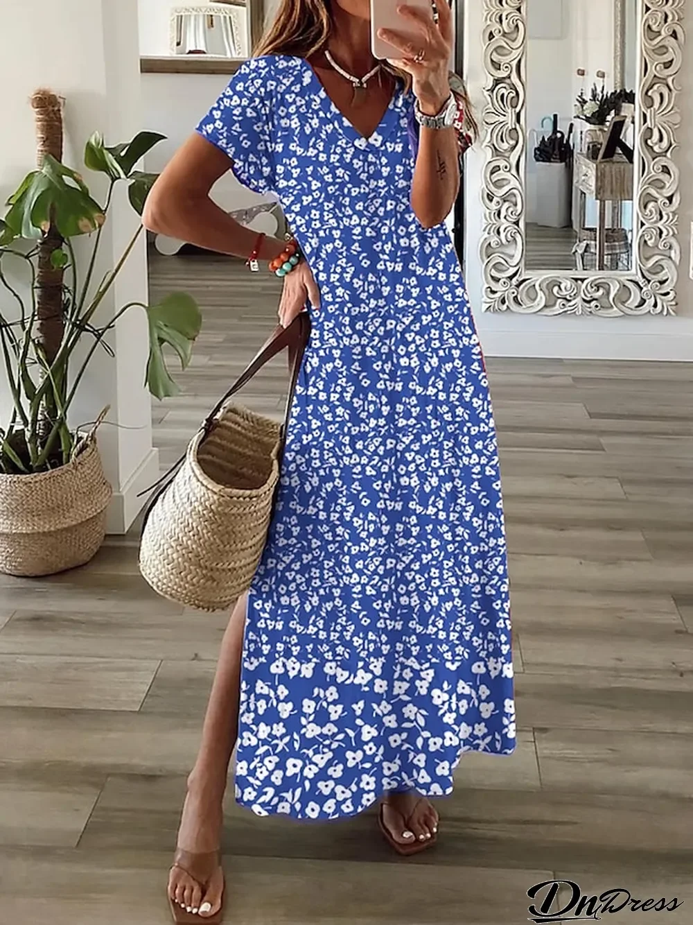 Women's A Line Dress Floral Dress Floral Ditsy Floral Print Split V Neck Maxi long Dress Fashion Streetwear Outdoor Daily Short Sleeve Regular Fit Black White Burgundy Summer Spring S M L XL XXL