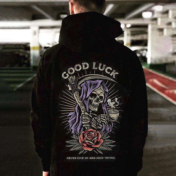 Good Luck Skull Printed Men's Hoodie