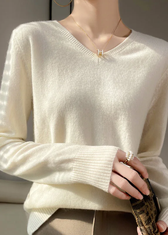 French Fitted White V Neck Cashmere Knitted Tops Spring