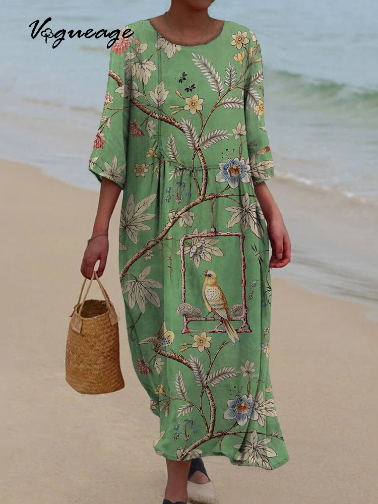 Elegant And Gentle Birds And Plants Printed Women's Casual Cotton And Linen Dress