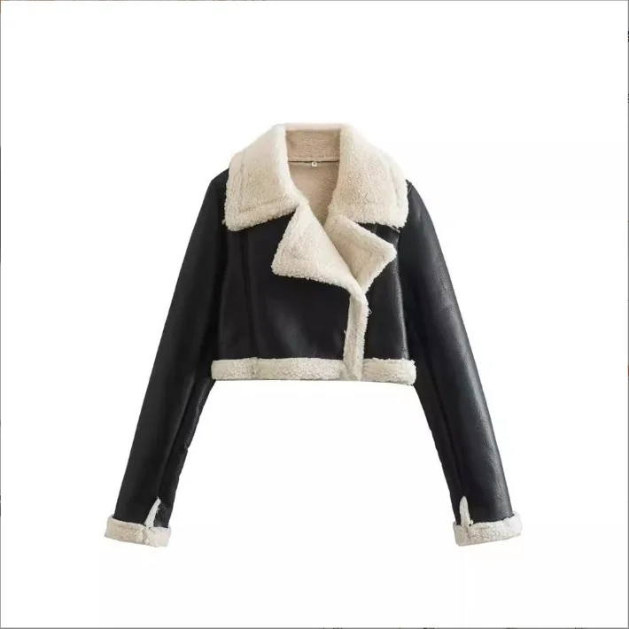 Winter new women's lapel fur fleece double-sided short jacket