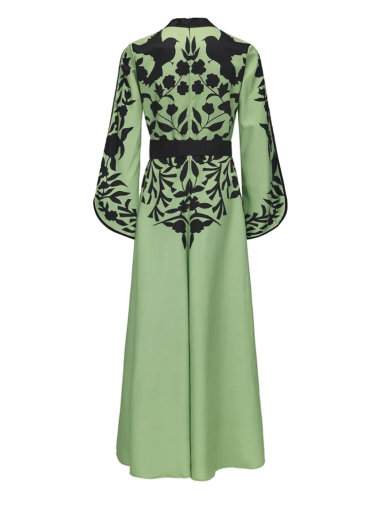 Printed Tie Neck Flounce Sleeve Maxi Dress