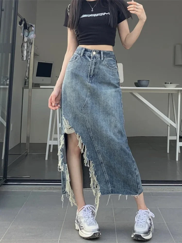 Huiketi Vintage Casual Korean Fashion Tassel Ripped Denim Skirts Women High Waist Jeans Skirts Knee Length A Line Split Skirts