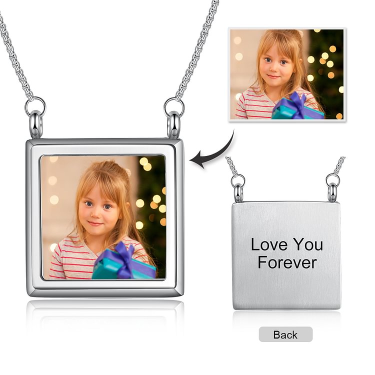 Custom Picture Engraved Necklace Square Shape Picture Necklace-Color Picture, Personalized Necklace with Picture and Text