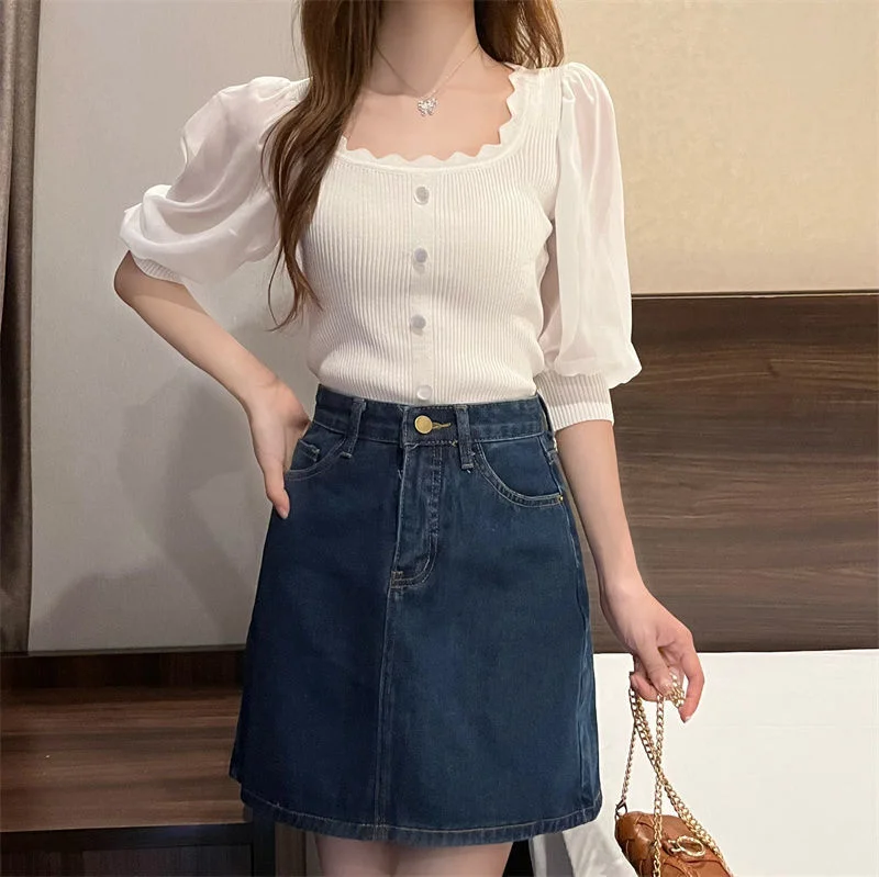 Uveng Uveng Korean Version Of The Small Fragrant Collarbone Design Shirt Short Bubble Sleeve Ice Silk Knitted Short-Sleeved T-Shirt Tide