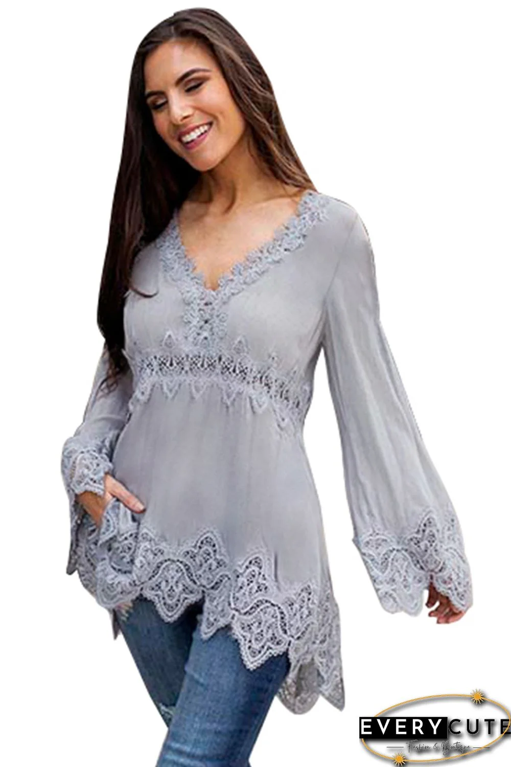 Gray Hollowed Lace Trim Bell Sleeve Tunic Top